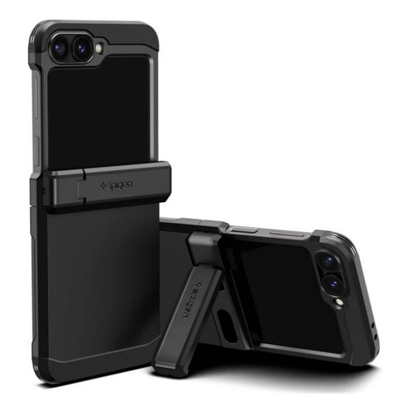 SPIGEN TOUGH ARMOR műanyag telefonvédő (szilikon keret, ütésállóság, kitámasztó) FEKETE Samsung Galaxy Z Flip6 5G (SM-F741)