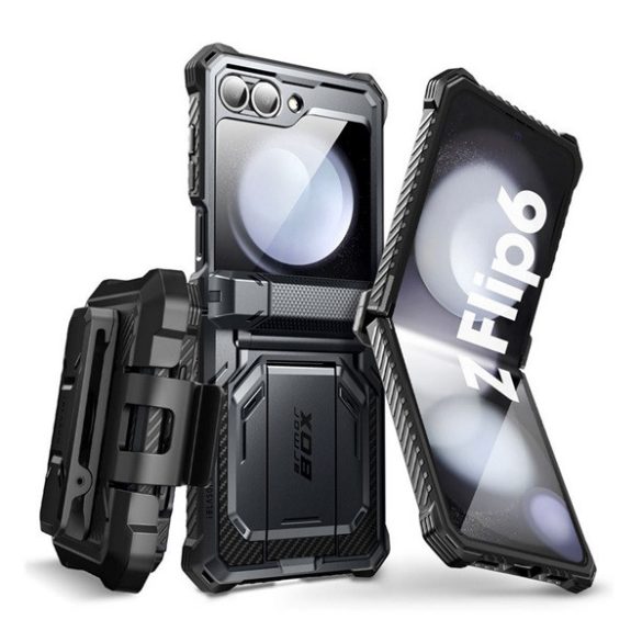 SUPCASE ARMORBOX defender műanyag telefonvédő (erős ütésállóság, légpárnás sarok, övre csíptethető) FEKETE Samsung Galaxy Z Flip6 5G (SM-F741)