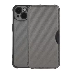   Tok álló, bőr hatású (FLIP, oldalra nyíló, ütésállóság, légpárnás sarok, kameravédő, karbon minta) EZÜST Apple iPhone 16 Pro Max