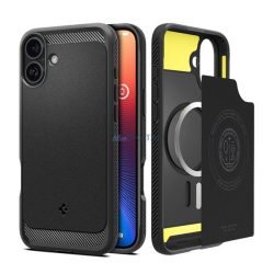  SPIGEN RUGGED ARMOR szilikon telefonvédő (ütésállóság, légpárnás sarok, karbon minta, MagSafe) FEKETE Apple iPhone 16