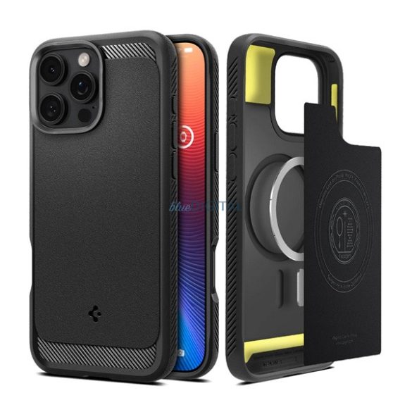 SPIGEN RUGGED ARMOR szilikon telefonvédő (ütésállóság, légpárnás sarok, karbon minta, MagSafe) FEKETE Apple iPhone 16 Pro