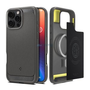 SPIGEN RUGGED ARMOR szilikon telefonvédő (ütésállóság, légpárnás sarok, karbon minta, MagSafe) VILÁGOSSZÜRKE Apple iPhone 16 Pro