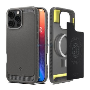 SPIGEN RUGGED ARMOR szilikon telefonvédő (ütésállóság, légpárnás sarok, karbon minta, MagSafe) VILÁGOSSZÜRKE Apple iPhone 16 Pro Max