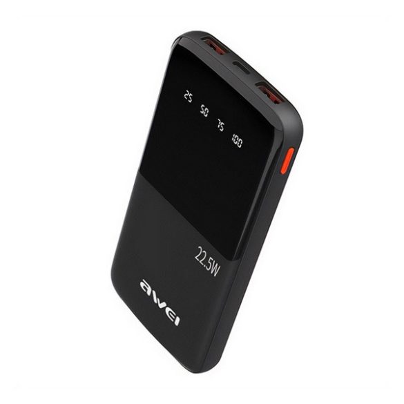 AWEI P10K vésztöltő 2 USB+Type-C aljzat (10000mAh, 22.5W, PD gyorstöltő, LED kijelző) FEKETE