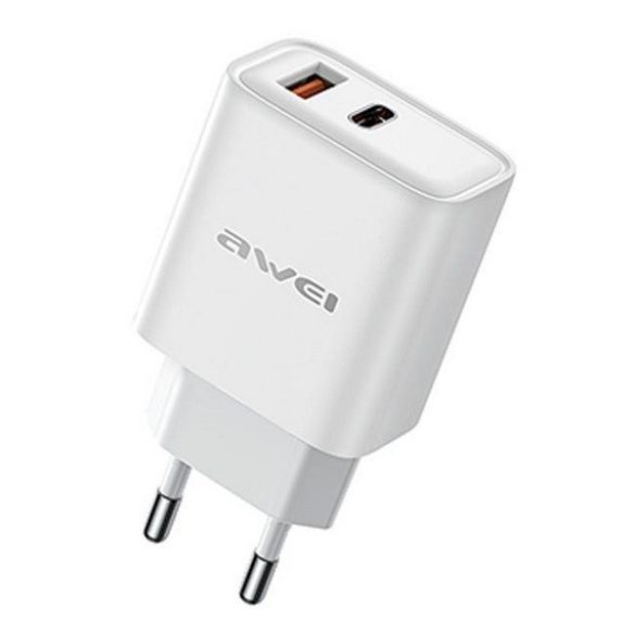 AWEI PD81-EU hálózati töltő USB+Type-C aljzat (22.5W, GaN, PD gyorstöltő) FEHÉR