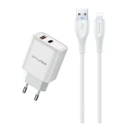   AWEI PD81L-EU hálózati töltő USB+Type-C aljzat (22.5W, GaN, PD gyorstöltő + lightning kábel) FEHÉR
