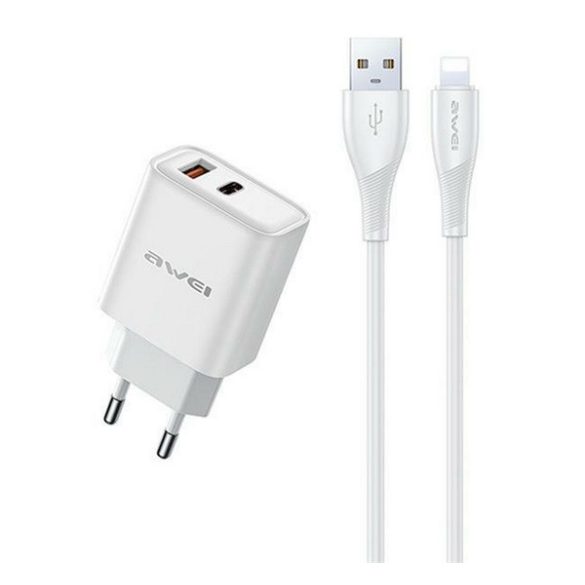 AWEI PD81L-EU hálózati töltő USB+Type-C aljzat (22.5W, GaN, PD gyorstöltő + lightning kábel) FEHÉR