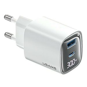 USAMS CC229 hálózati töltő USB+Type-C aljzat (30W, GaN, PD gyorstöltő, LED kijelző) FEHÉR