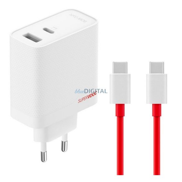 ONEPLUS SUPERVOOC hálózati töltő USB+Type-C aljzat (80W, PD gyorstöltő, GaN + Type-C kábel) FEHÉR