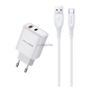 AWEI PD81T-EU hálózati töltő USB+Type-C aljzat (22.5W, GaN, PD gyorstöltő + Type-C kábel) FEHÉR