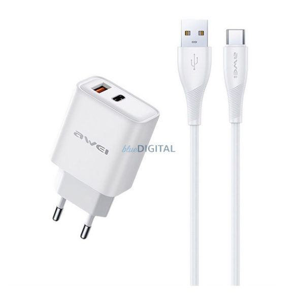 AWEI PD81T-EU hálózati töltő USB+Type-C aljzat (22.5W, GaN, PD gyorstöltő + Type-C kábel) FEHÉR