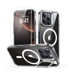   ESR CLASSIC HYBRID szilikon telefonvédő (ütésállóság, légpárnás sarok, kitámasztó, MagSafe + képernyővédő üveg) ÁTLÁTSZÓ Apple iPhone 16 Pro