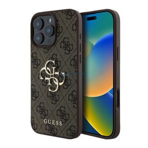 GUESS 4G BIG LOGO szilikon telefonvédő (ütésállóság, bőr hatású hátlap) BARNA Apple iPhone 16 Pro