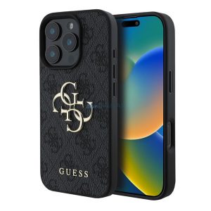 GUESS 4G BIG LOGO szilikon telefonvédő (ütésállóság, bőr hatású hátlap) FEKETE Apple iPhone 16 Pro