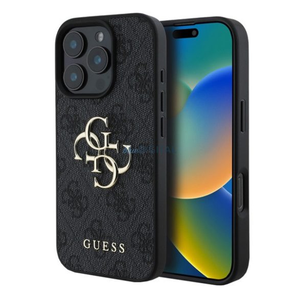 GUESS 4G BIG LOGO szilikon telefonvédő (ütésállóság, bőr hatású hátlap) FEKETE Apple iPhone 16 Pro Max