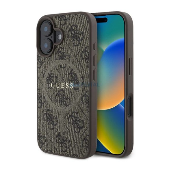 GUESS 4G RING CLASSIC LOGO szilikon telefonvédő (ütésállóság, textil hátlap, MagSafe) BARNA Apple iPhone 16 Plus