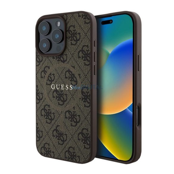 GUESS 4G RING CLASSIC LOGO szilikon telefonvédő (ütésállóság, textil hátlap, MagSafe) BARNA Apple iPhone 16 Pro