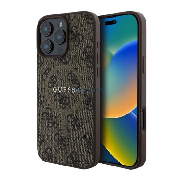 GUESS 4G RING CLASSIC LOGO szilikon telefonvédő (ütésállóság, textil hátlap, MagSafe) BARNA Apple iPhone 16 Pro Max