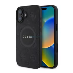   GUESS SAFFIANO PEONY CLASSIC LOGO szilikon telefonvédő (ütésállóság, bőr hatású hátlap, MagSafe) FEKETE Apple iPhone 16 Plus
