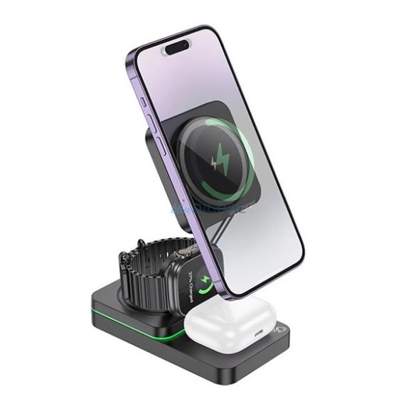 HOCO CQ10 asztali töltőállvány 3in1 (15W, wireless, gyorstöltő, MagSafe, Apple Watch töltő) FEKETE Apple iPhone 16, iPhone 16 Plus, iPhone 16 Pro