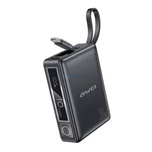 AWEI P87K vésztöltő USB+Type-C aljzat (10000mAh, 30W, PD gyorstöltő + fix Type-C kábel) FEKETE