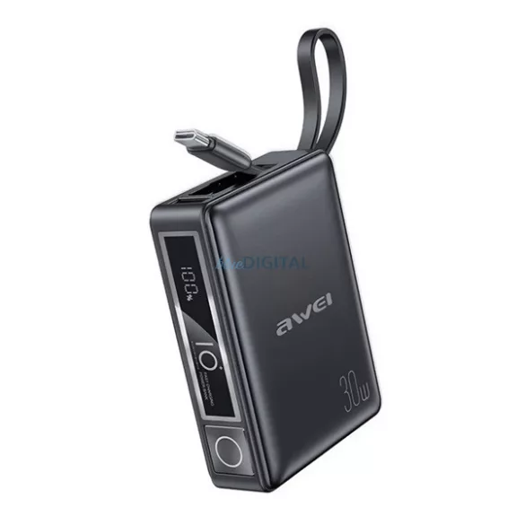 AWEI P87K vésztöltő USB+Type-C aljzat (10000mAh, 30W, PD gyorstöltő + fix Type-C kábel) FEKETE