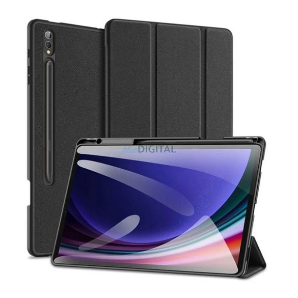 DUX DUCIS DOMO tok álló, bőr hatású (aktív FLIP, oldalra nyíló, TRIFOLD, asztali tartó, ceruza tartó) FEKETE Samsung Galaxy Tab S10 Plus LTE (SM-X826B), Galaxy Tab S10 Plus WIFI (SM-X820)