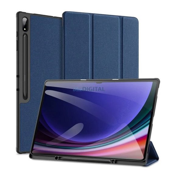 DUX DUCIS DOMO tok álló, bőr hatású (aktív FLIP, oldalra nyíló, TRIFOLD, asztali tartó, ceruza tartó) SÖTÉTKÉK Samsung Galaxy Tab S10 Ultra LTE (SM-X926B), Galaxy Tab S10 Ultra WIFI (SM-X