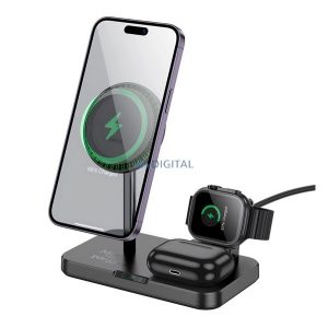 HOCO CQ12 asztali töltőállvány 3in1 (15W, wireless, gyorstöltő, MagSafe, Apple Watch töltő) FEKETE Apple iPhone 8 4.7, iPhone 8 Plus 5.5, iPhone X 5.8