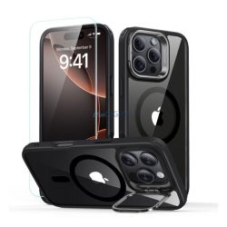   ESR CLASSIC HYBRID szilikon telefonvédő (ütésállóság, légpárnás sarok, kitámasztó, MagSafe + képernyővédő üveg) FEKETE Apple iPhone 16 Pro 5G
