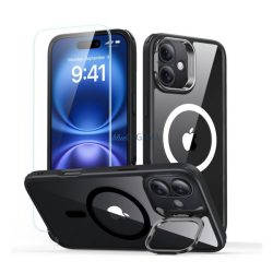   ESR CLASSIC HYBRID szilikon telefonvédő (ütésállóság, légpárnás sarok, kitámasztó, MagSafe + képernyővédő üveg) FEKETE Apple iPhone 16 5G