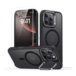   ESR CLASSIC HYBRID szilikon telefonvédő (ütésállóság, kitámasztó, MagSafe, matt + képernyővédő üveg) FEKETE Apple iPhone 16 Pro Max 5G