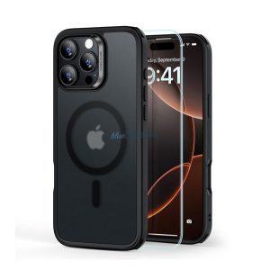 ESR HYBRID HALOLOCK szilikon telefonvédő (ütésállóság, légpárnás sarok, MagSafe, matt + képernyővédő üveg) FEKETE Apple iPhone 16 Pro Max 5G