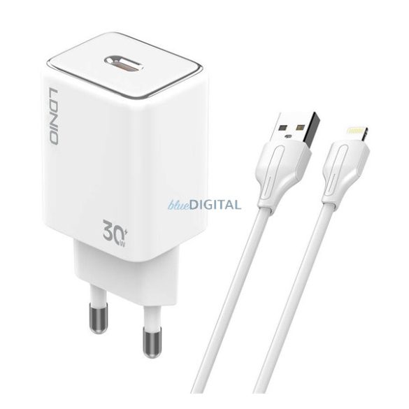 LDNIO A1508C hálózati töltő Type-C aljzat (30W, PD gyorstöltő + lightning kábel) FEHÉR