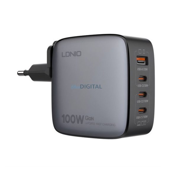 LDNIO Q408 hálózati töltő USB+3 Type-C aljzat (100W, GaN, PD gyorstöltő) FEKETE