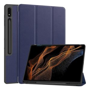 Tok álló, bőr hatású (aktív FLIP, oldalra nyíló, TRIFOLD, asztali tartó, ceruza tartó) SÖTÉTKÉK Samsung Galaxy Tab S10 Ultra LTE (SM-X926B), Galaxy Tab S10 Ultra WIFI (SM-X920)