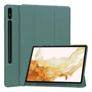 Tok álló, bőr hatású (aktív FLIP, oldalra nyíló, TRIFOLD, asztali tartó, ceruza tartó) SÖTÉTZÖLD Samsung Galaxy Tab S10 Plus LTE (SM-X826B), Galaxy Tab S10 Plus WIFI (SM-X820)