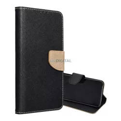   Tok álló, bőr hatású (FLIP, oldalra nyíló, asztali tartó, kártyazseb, textil hatás) FEKETE/ARANY Samsung Galaxy A16 5G (SM-A166), Galaxy A16 4G (SM-A165)