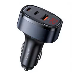   USAMS C42 autós töltő USB+2 Type-C aljzat (100W, PD gyorstöltő, LED kijelző) FEKETE