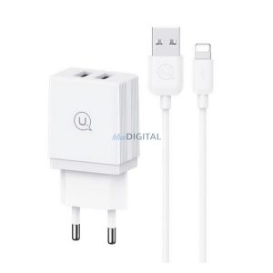 USAMS HC hálózati töltő 2 USB aljzat (18W, gyorstöltő + lightning kábel) FEHÉR