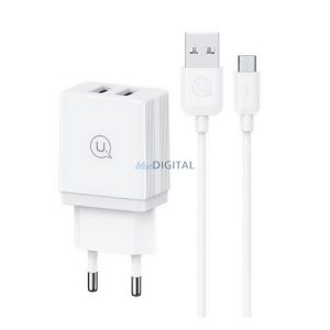 USAMS HC hálózati töltő 2 USB aljzat (18W, gyorstöltő + microUSB kábel) FEHÉR