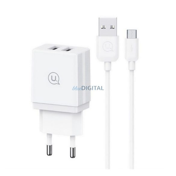 USAMS HC hálózati töltő 2 USB aljzat (18W, gyorstöltő + microUSB kábel) FEHÉR