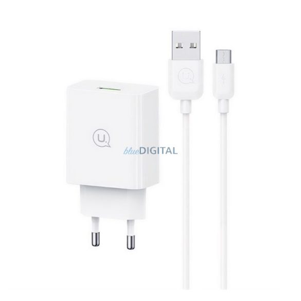 USAMS SC hálózati töltő USB aljzat (18W, PD gyorstöltő 3.0 + microUSB kábel) FEHÉR