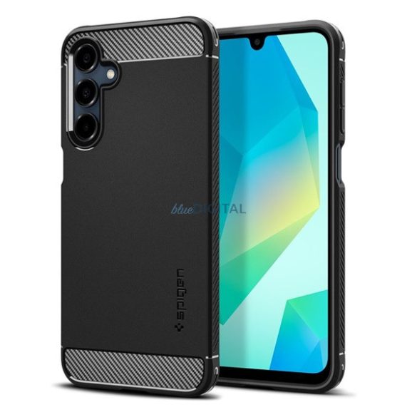 SPIGEN RUGGED ARMOR szilikon telefonvédő (ütésállóság, légpárnás sarok, karbon minta) FEKETE Samsung Galaxy A16 5G (SM-A166), Galaxy A16 4G (SM-A165)