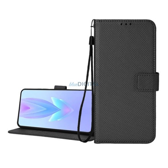Tok álló, bőr hatású (FLIP, oldalra nyíló, asztali tartó, rombusz + kézpánt) FEKETE ZTE Blade V50 Design 4G
