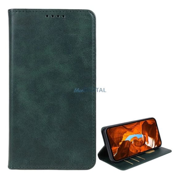 Tok álló, bőr hatású (FLIP, oldalra nyíló, asztali tartó, koptatott bőr minta, prémium) SÖTÉTZÖLD Samsung Galaxy A15 5G (SM-A156), Galaxy A15 4G (SM-A155)