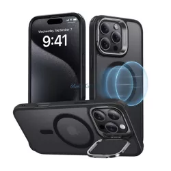   ESR HYBRID HALOLOCK szilikon telefonvédő (ütésállóság, légpárnás sarok, kitámasztó, MagSafe, matt) FEKETE Apple iPhone 16 Pro Max