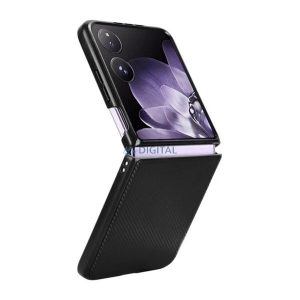 Műanyag telefonvédő (ütésállóság, bőr hatású hátlap, karbon minta) FEKETE Xiaomi Mix Flip