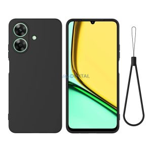 Szilikon telefonvédő (matt, mikrofiber plüss karcolásmentesítő belső, prémium + kézpánt) FEKETE Realme Note 60