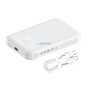 BASEUS MAGNETIC MINI vésztöltő Type-C aljzat (6000mAh, 20W, PD gyorstöltő, wireless, MagSafe + Type-C kábel) FEHÉR